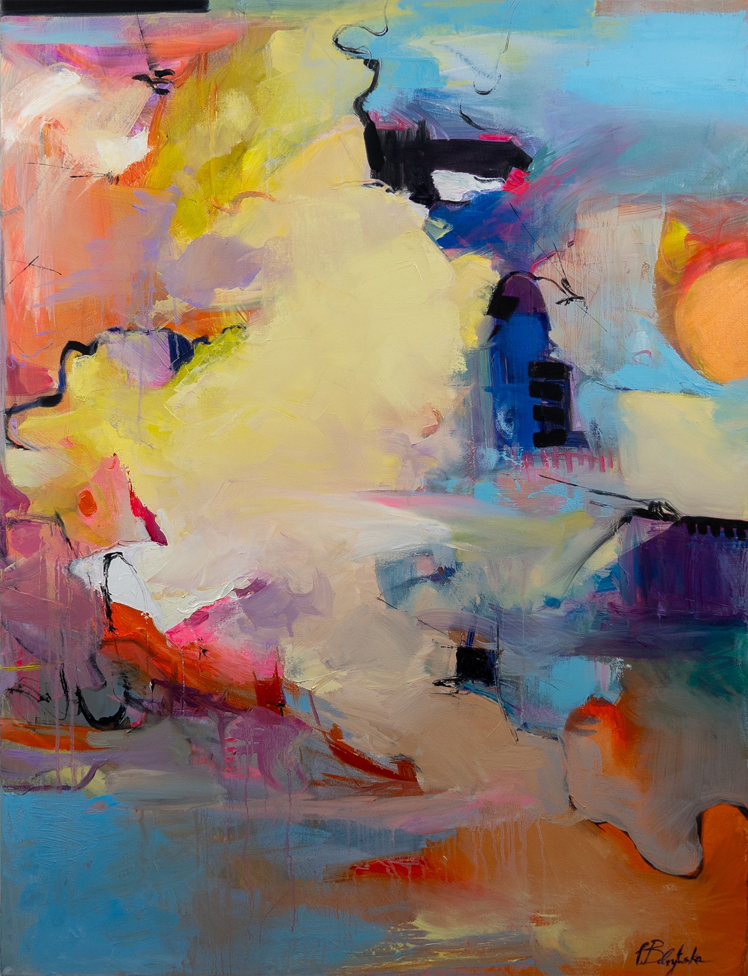 Abstract painting with vibrant, flowing colors including blue, yellow, orange, and red.
